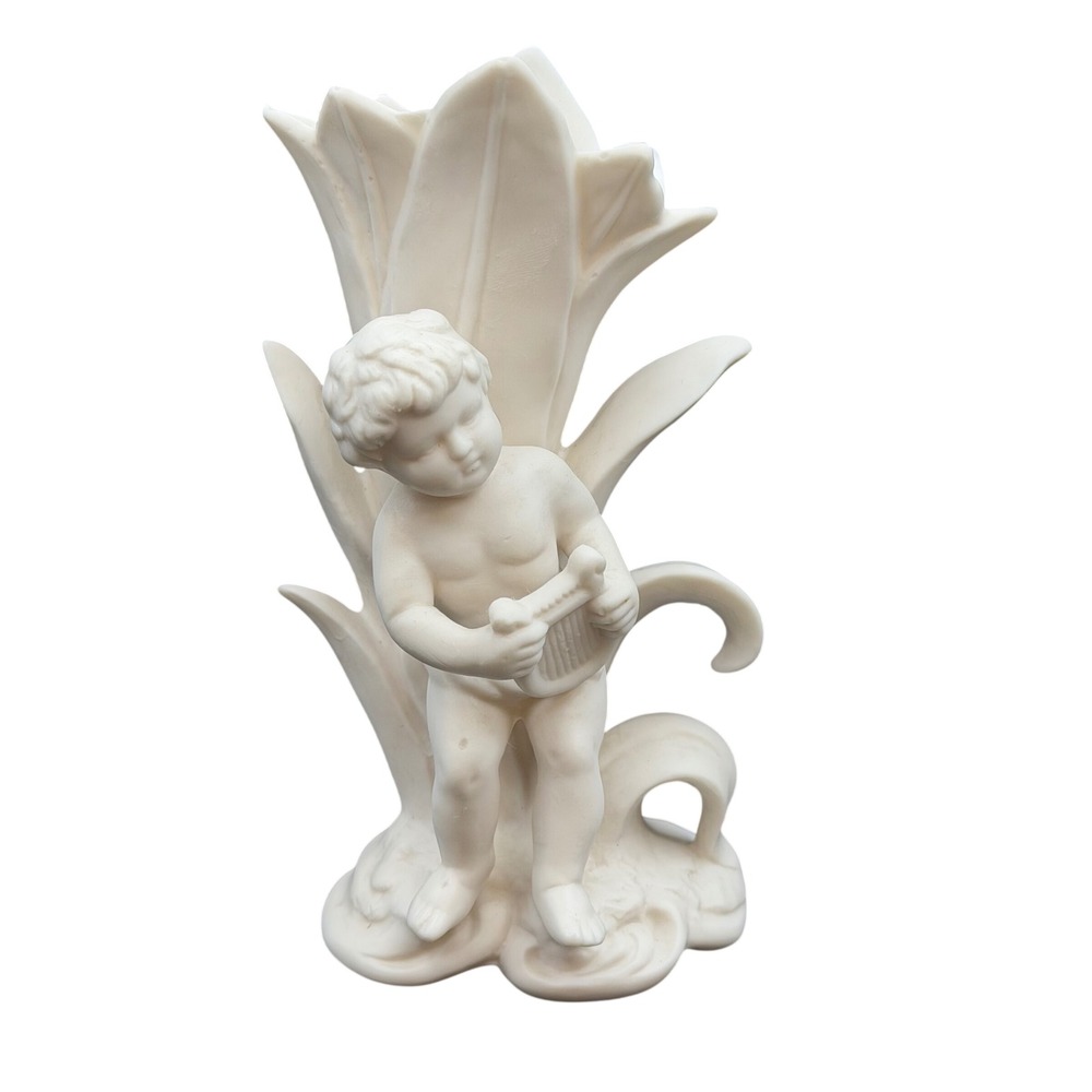 Vtg Mid Century Japan White Bisque Porcelain Cherub Harp Player Bud Vase 5.5 in‎